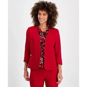 Kasper Women's Cuffed Open-Front Collarless Formal Jacket Blazer Fire Red 8P